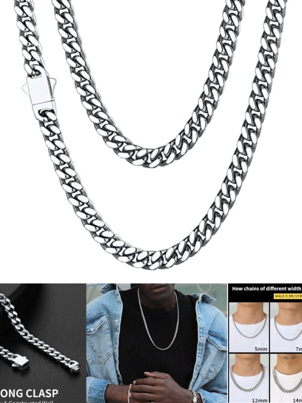 Mens Stainless Steel Cuban Link Chain Necklace Waterproof 18K Gold Plated 20in